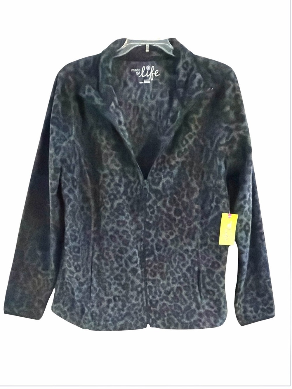 NWT Made For Life Grey Black Leopard Print Fleece Zip Up Jacket Mock Neck L